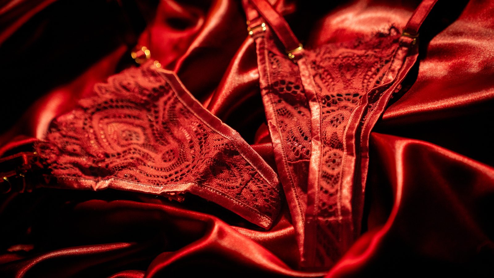 Red lace lingerie on red satin